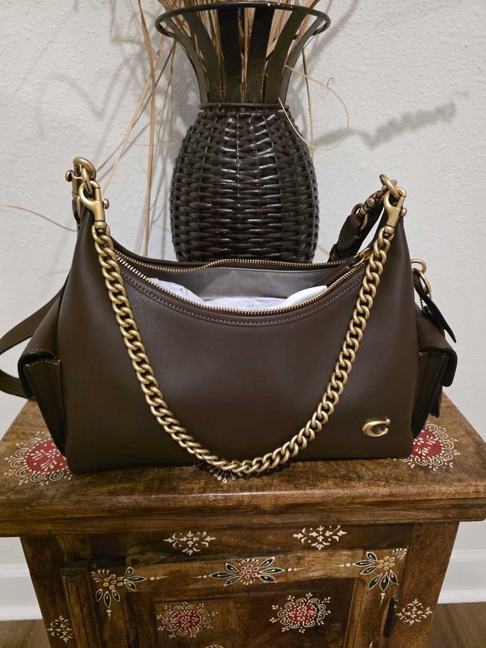 Coach Juliet 30 w/pockets Maple Leather Shoulder Bag with Gold Chain Accent